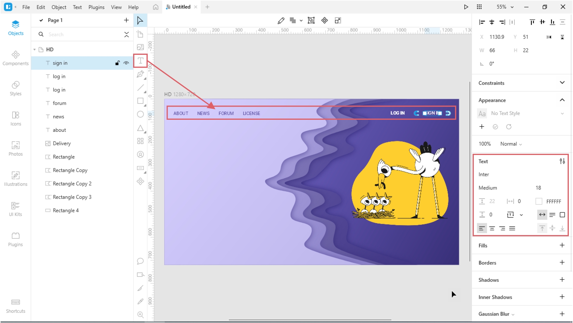 How to Create a Paper Cut-Out Effect in Lunacy: Create the page header using text blocks