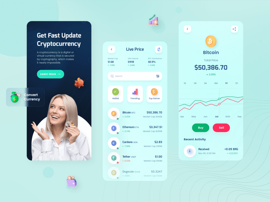 Design inspiration: UI concepts collection with Icons8 graphic elements: Cryptocurrency Mobile App Design